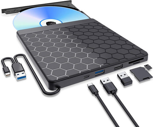 Lettore CD DVD Esterno per PC Portatile, Masterizzatore DVD Esterno,Usb 3.0 Con 2 Porte USB E Lettore Di Schede TF/SD, Lettore CD/DVD per PC Laptop Macbook per Windows 11/10/8.1/7/Linux/Mac OS