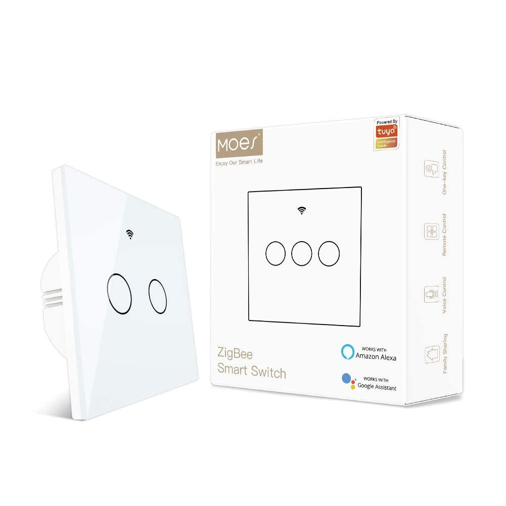 Zigbee Interruttore Intelligente, Richiede Tuya Zigbee HUB, Non Richiede Neutro, Non Richiede Condensatori, Compatibile Con L'App Smart Life Tuya Alexa Google Home, 2 Gang, Bianco