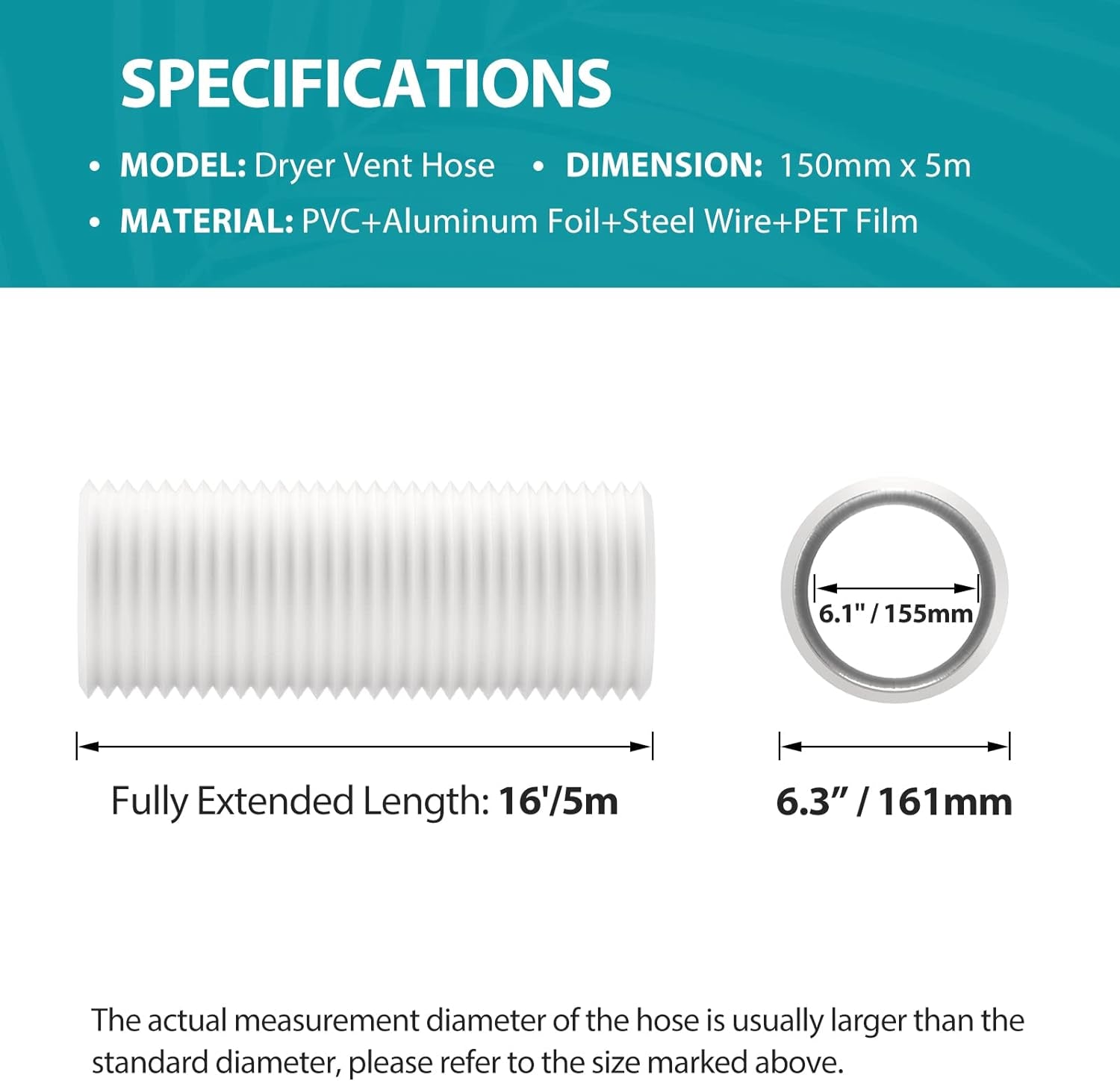 Ø150Mm Tubo Di Scarico Condotto Di Ventilazione Flessibile in Alluminio Silenziatore Isolamento Termico per Condizionatori D'Aria, Asciugatrici E Cappe Da Cucina Lunghezza 5M