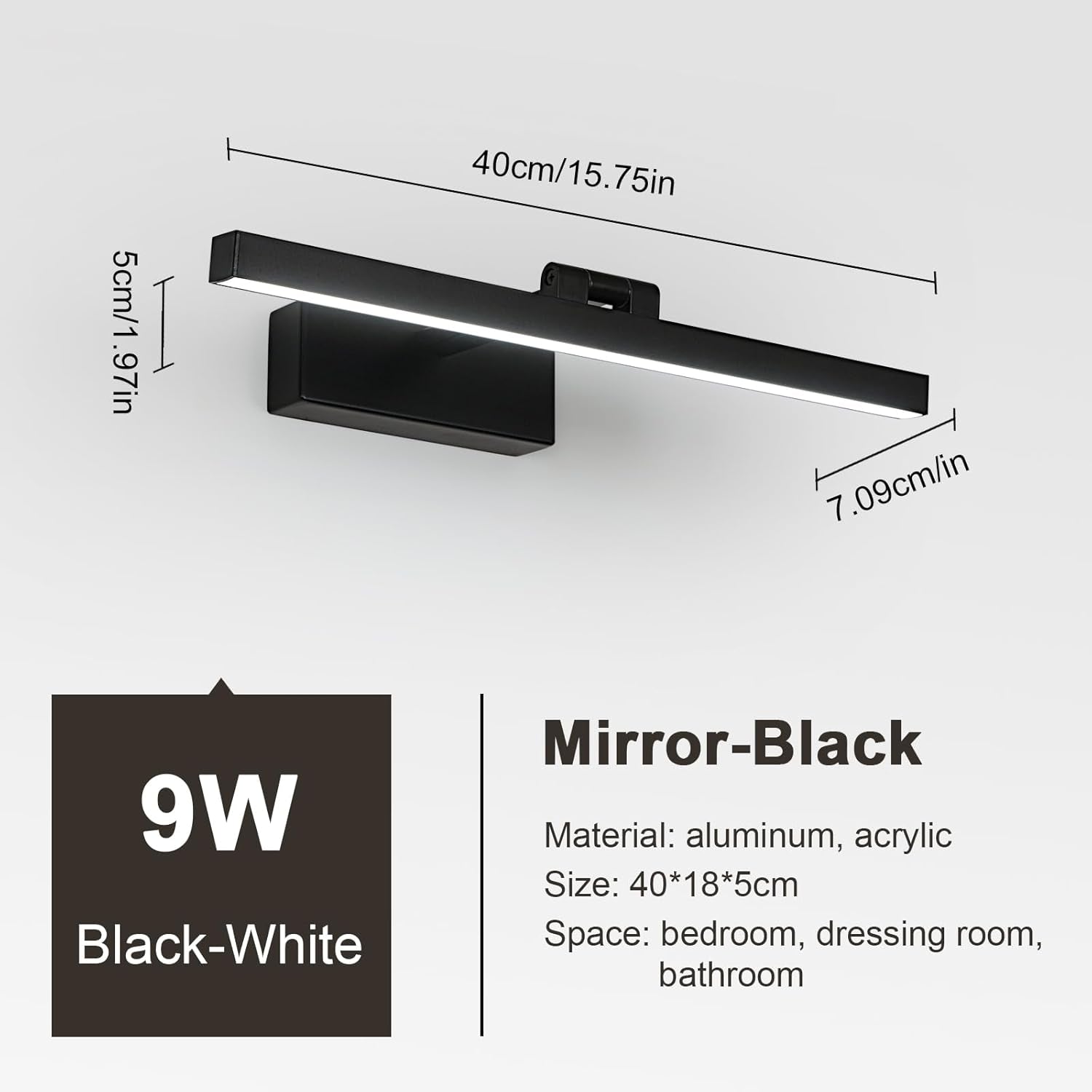 LED Lampada Da Specchio Bagno 9W, Luce Specchio Bagno LED Nero Bianco Freddo 6500K, 1100LM Specchio Armadio Lampada Da Bagno, Luci Da Specchio 40 Cm per Trucco O Illuminazione Armadio