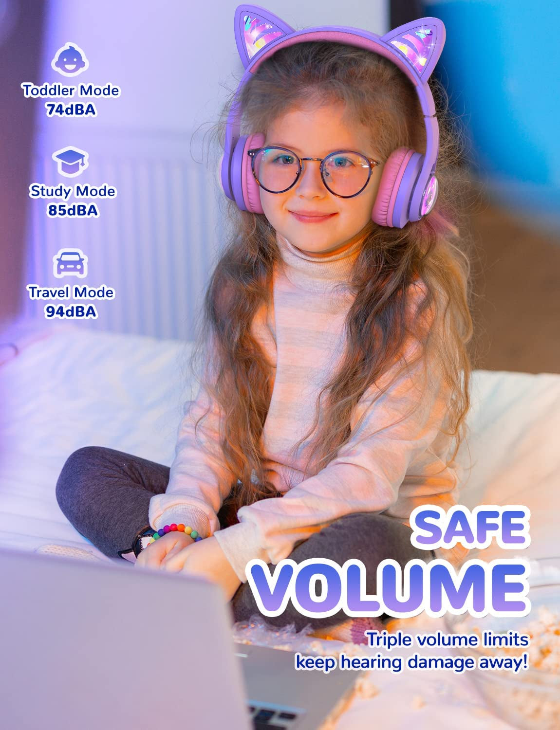 Cuffie Bluetooth per Bambini, BTH19 Cuffie per Bambini a Orecchie Da Gatto Con Luci LED, Limite Di Volume 74/85/94Dba, Tempo Di Riproduzione 45 Ore, Cuffie Wireless Sovraurali Con Microfono