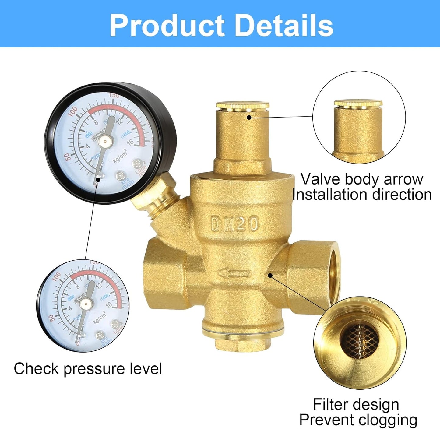 Regolatore Di Pressione Acqua 3/4 Pollice DN20 Con Manometro Pressione Acqua 100% in Ottone Ad Alta Durezza, Riduttore Pressione Acqua Valvola Di Riduzione Della Riduttore Di Pressione Acqua 3/4