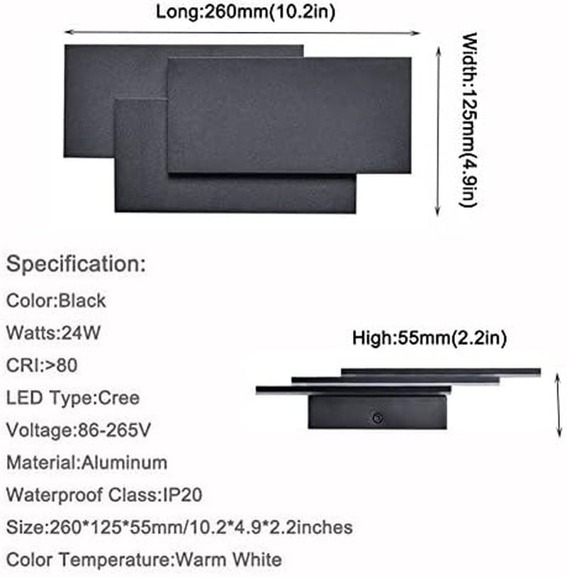 24W Lampada Da Parete Applique Da Parete Interni Moderno LED Bianco Caldo 3000K Lampada Da Muro per Soggiorno, Camera Da Letto, Corridoio, Scale (Nero)
