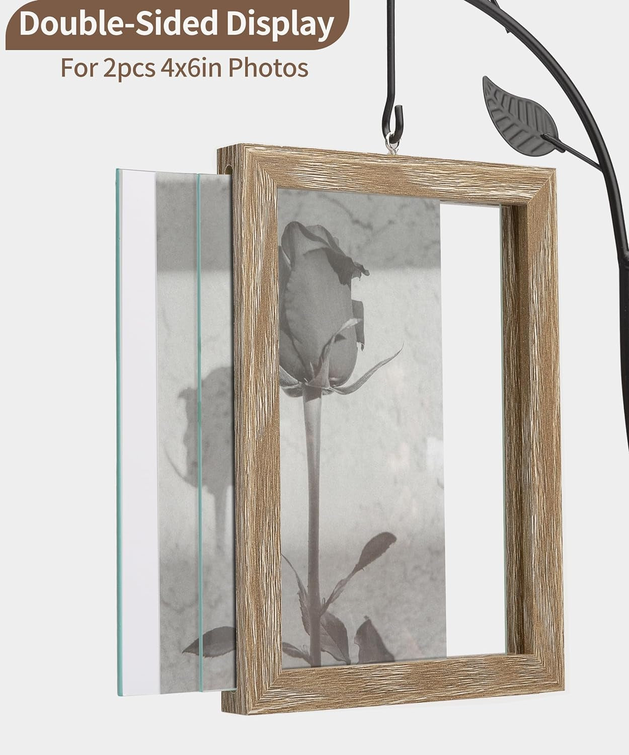 Cornice Foto Legno 10X15 Cm Bifacciale Con Albero in Metallo E Vaso Marrone Naturale per 2 Foto