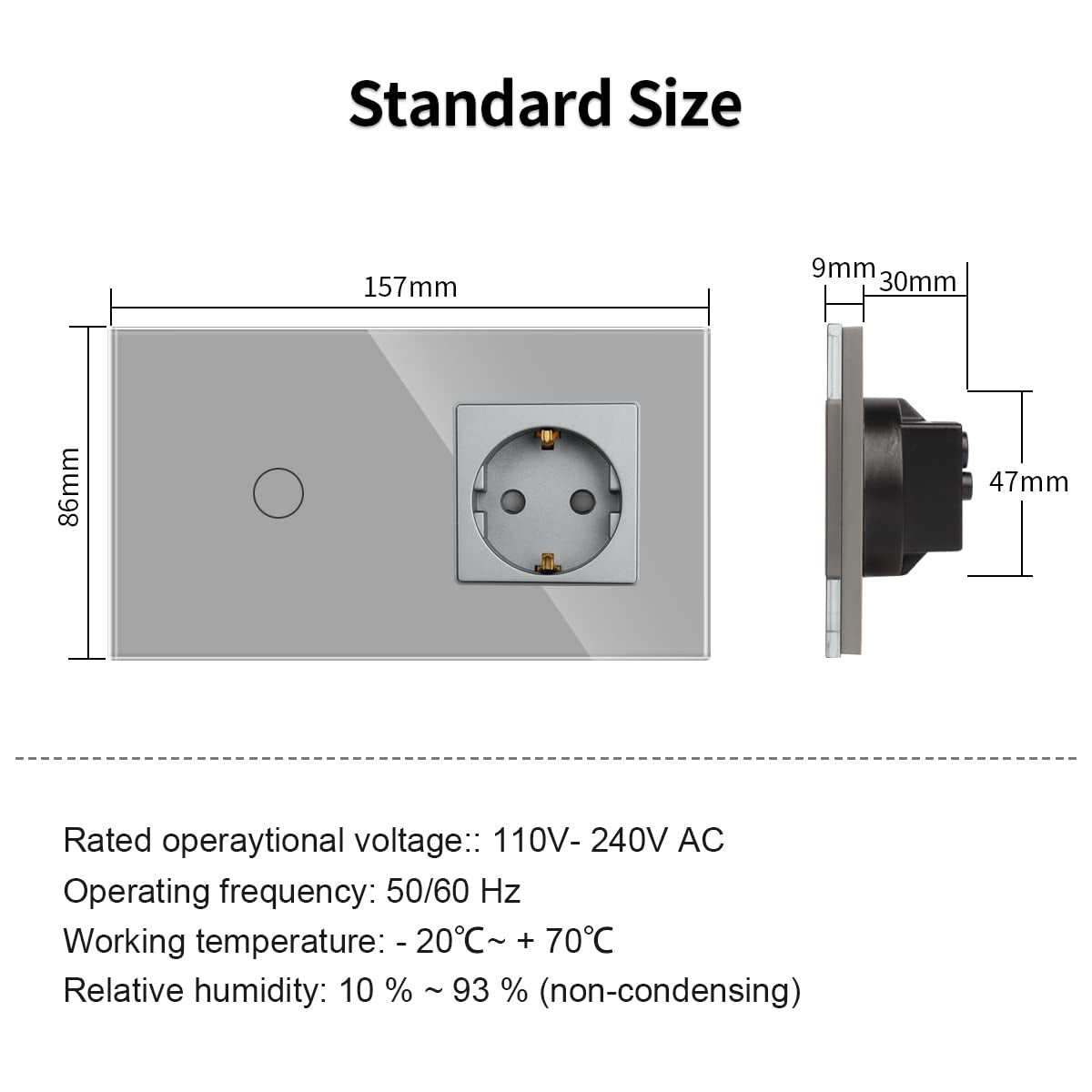 Presa Con Interruttore Della Luce Grigio, Vetro Touch Con Presa a Incasso, 1 Polo, Interruttore Da Parete Con LED Di Stato, 500 W/Scomparto