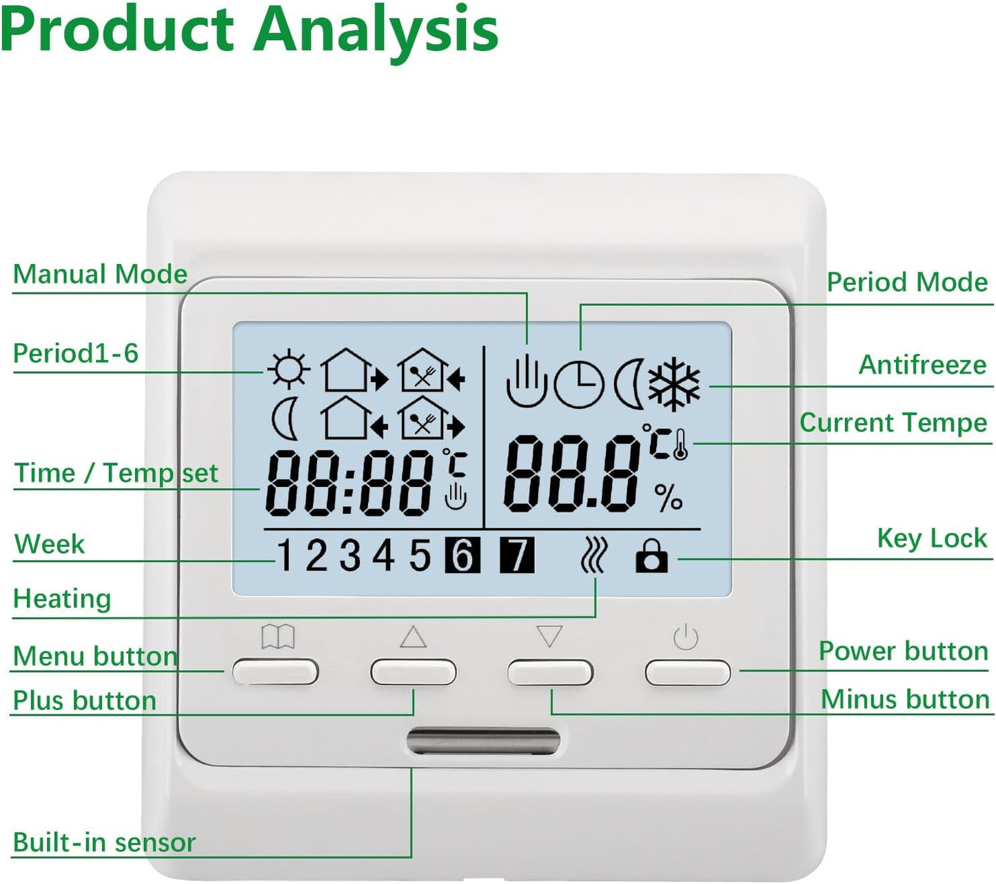 Termostato Riscaldamento a Pavimento WG806,AC230V 3A,Per Caldaie a Gas/Acqua,Bianco