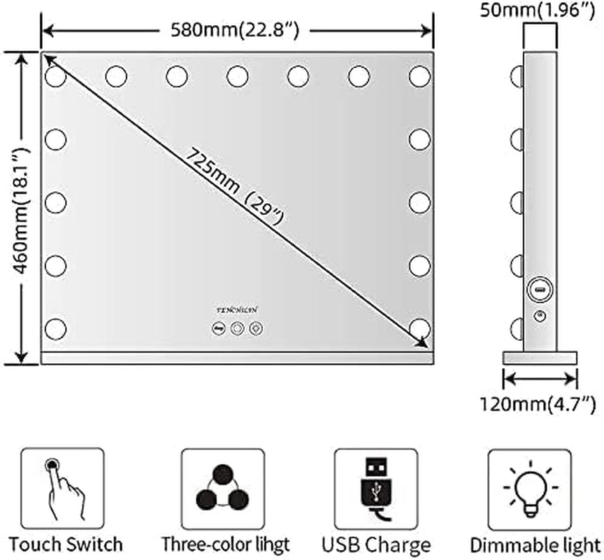 Specchio Trucco Con Luci Specchio Trucco Con 15 Lampadine LED USB-C&A Porta Di Ricarica Specchio Trucco Da Parete Tavolo Controllo Touch 3 Temperature Di Colore Specchio Hollywood 58X46Cm