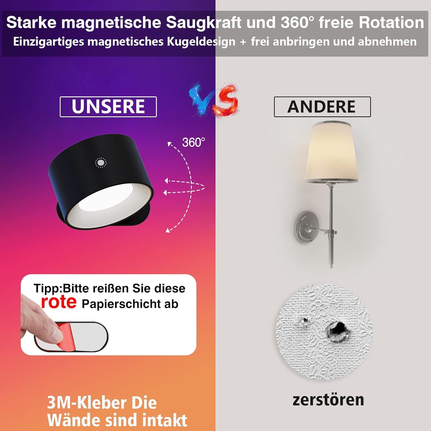 Lampada Da Parete per Interni, Smart, Dimmerabile, Con Batteria, Con Porta Di Ricarica USB, a LED, Controllo Touch, 3 Livelli Di Luminosità, 16 Milioni Di Colori, Girevole a 360°, per Soggiorno