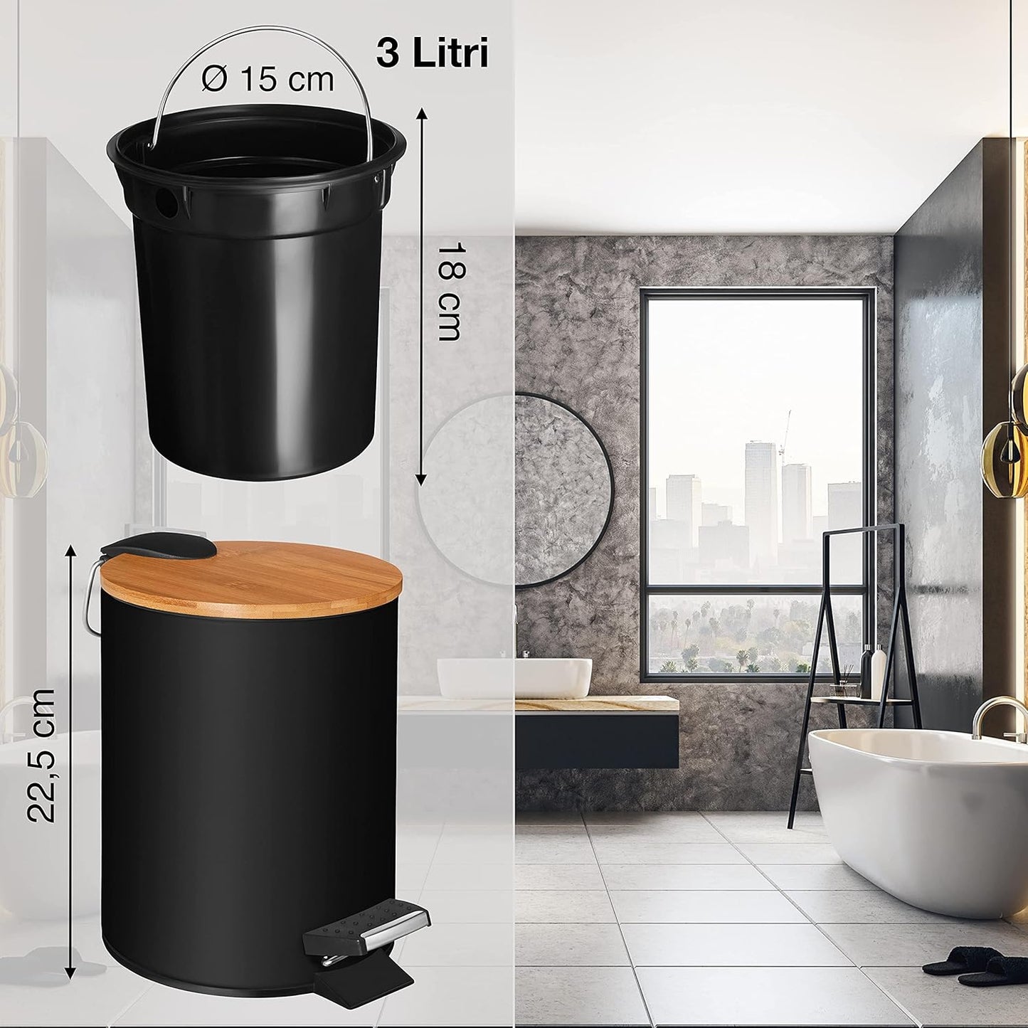 Pattumiera per Cosmetici 3L in Nobile Design Nero/Cestino Spazzatura Con Chiusura Automatica/Cestino Elegante per Il Bagno Con Contenitore Interno E Coperchio in Legno Di Bambù