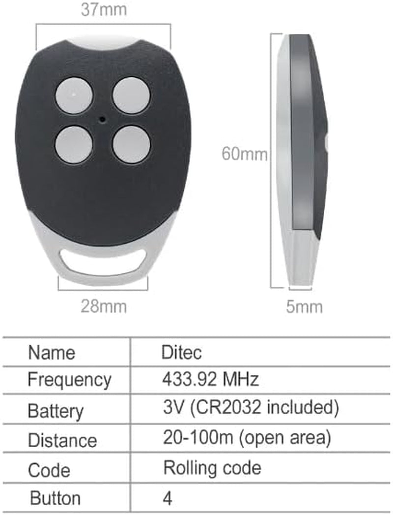 Telecomando per Cancelli, Telecomando per Porta Del Garage per Ditec 433,92 Mhz GOL4, BIXLG4, BIXLP2, BIXLS2, Telecomando Cancello a 4 Canali Set Di 1
