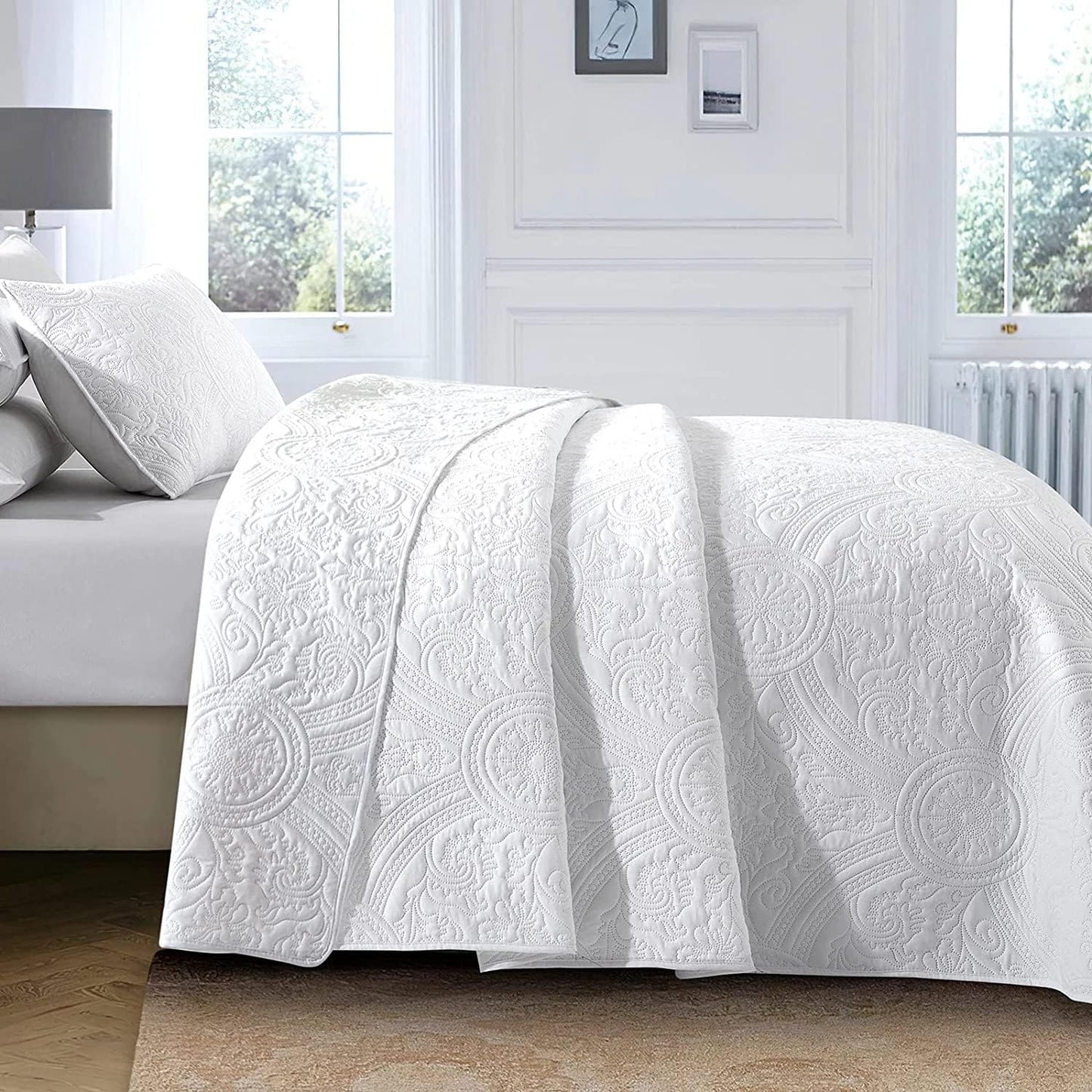 Copriletto Trapuntato Bianco per Letto Da 90 Floreale, Realizzato in Microfibra, Con Imbottitura Sottile Con Federa (Fiore Bianco H2023, Letto Da 90)