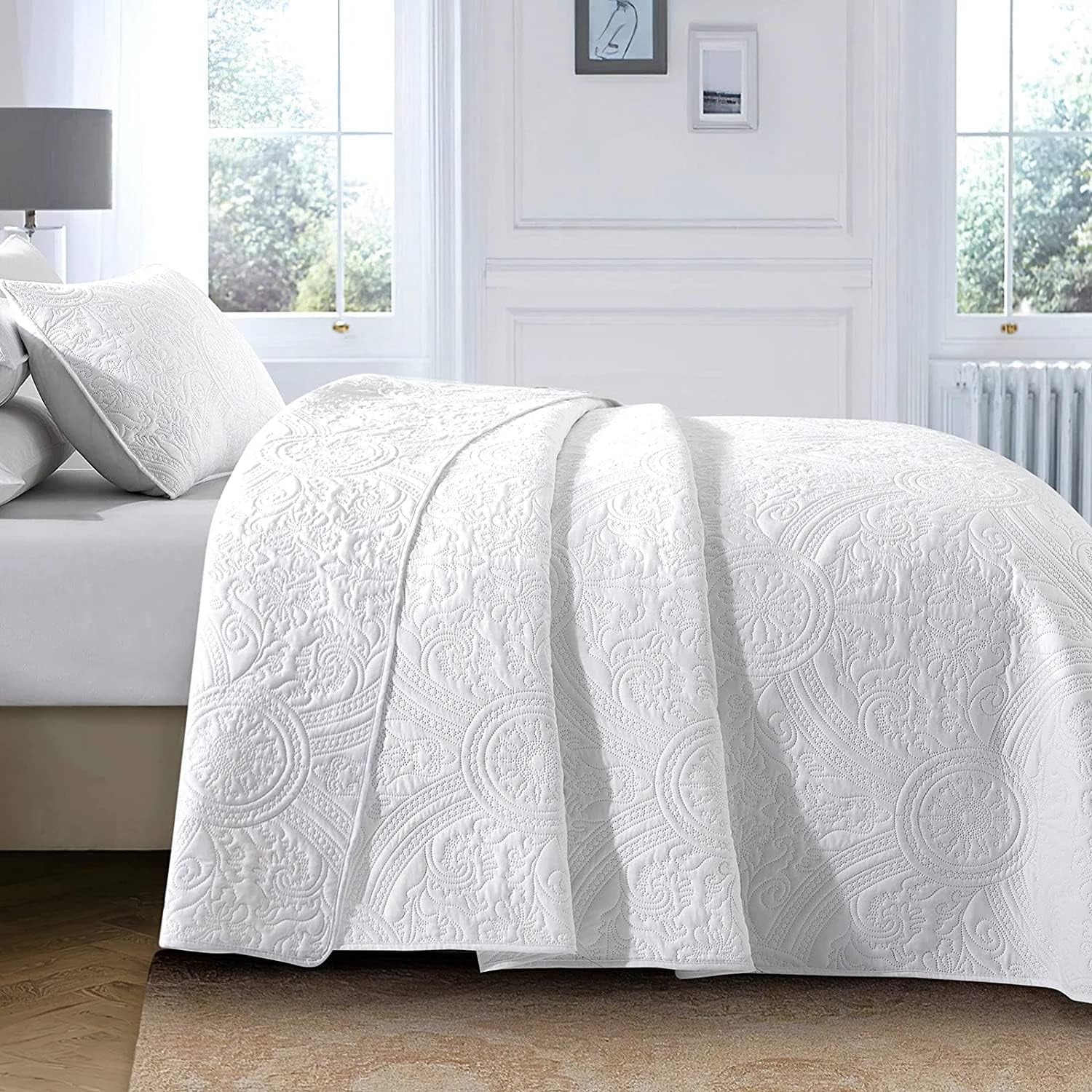 Copriletto Trapuntato Bianco per Letto Da 90 Floreale, Realizzato in Microfibra, Con Imbottitura Sottile Con Federa (Fiore Bianco H2023, Letto Da 90)