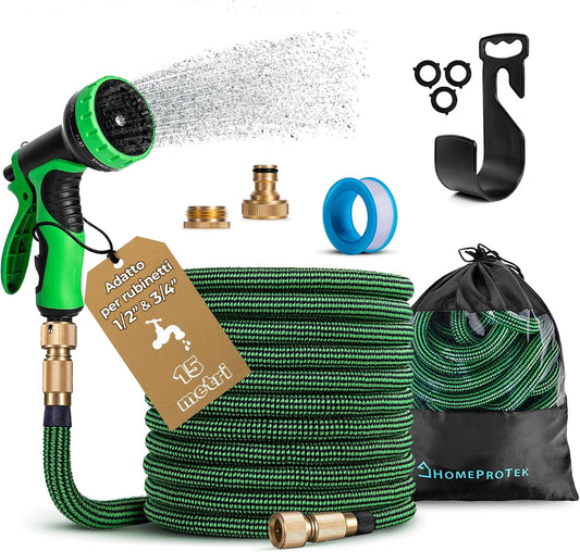 Tubo Acqua Giardino 15 Metri Tubo Estensibile Da Giardino - Canna Acqua Giardino Con Pistola Acqua Giardino a 9 Modalità Di Spruzzo - Tubo Irrigazione Con Raccordi in Ottone Da 1/2" E 3/4