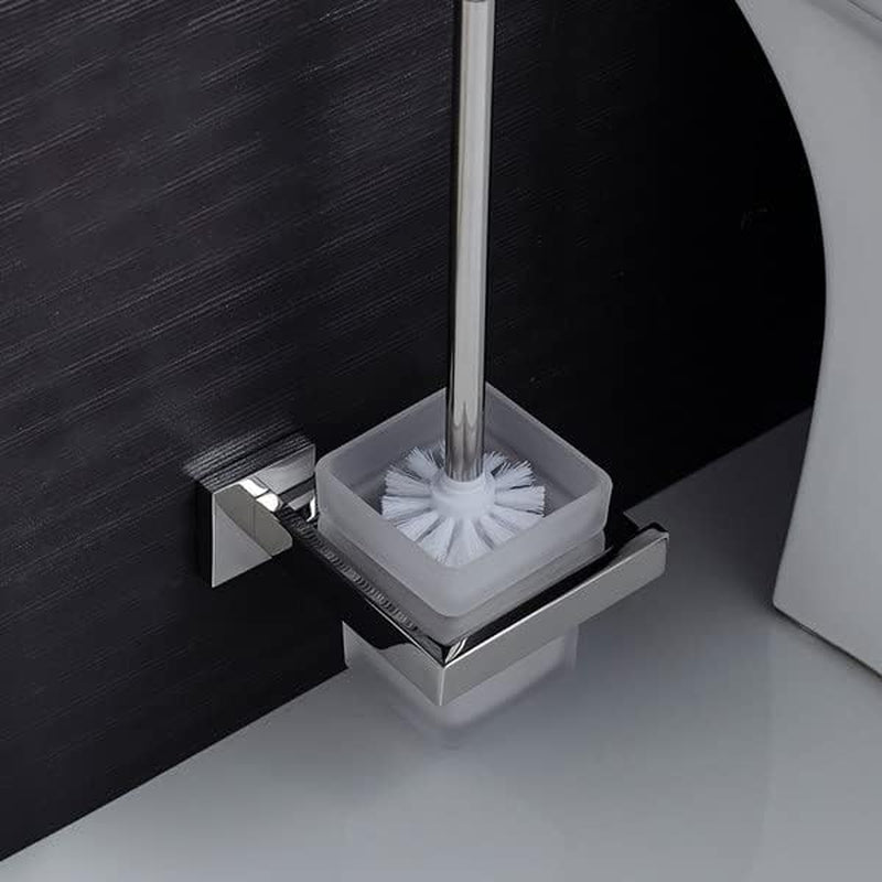 Spazzola WC Bagno in Vetro Parete Porta Scopino, Con 2 Testina E Portascopino Acciaio Inox, Quadrato Porta Spazzolino, Set Di Scopini per Bagno, Smerigliato Vetro, Argento Cromo Supporto