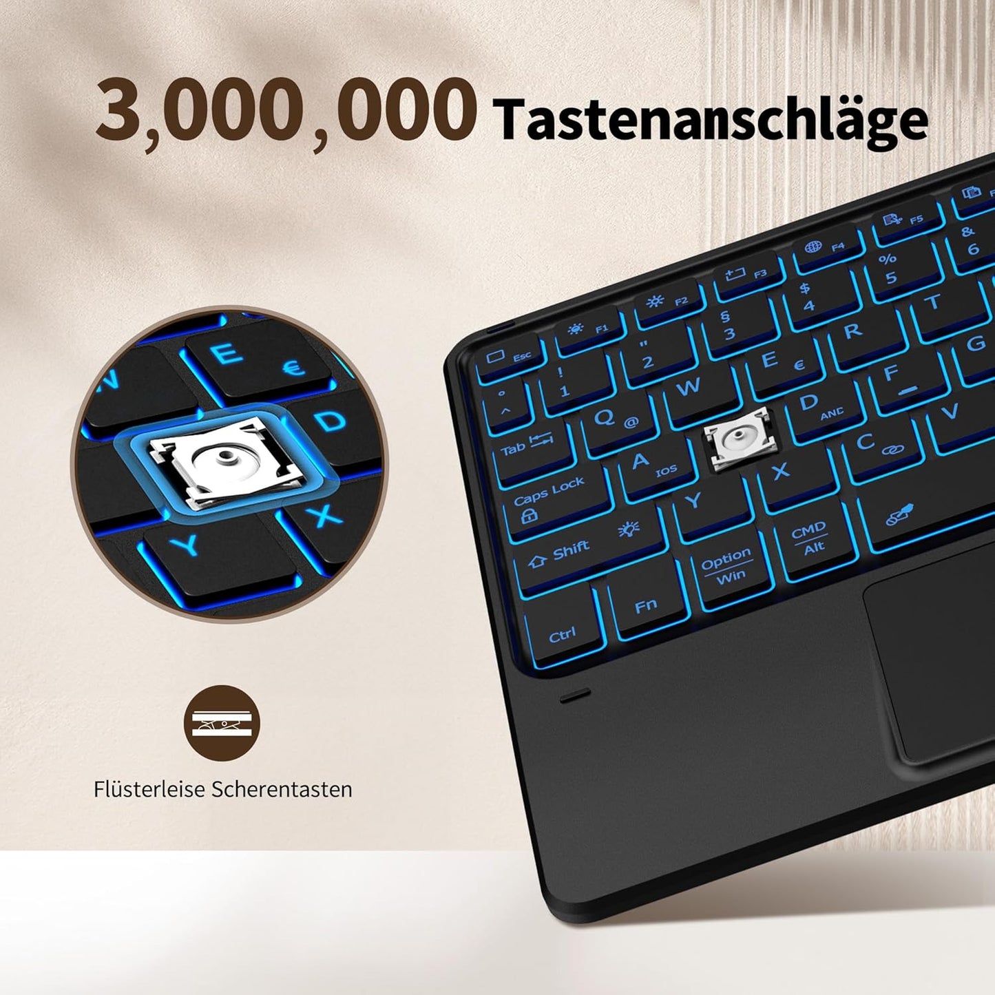 Tastiera Touchpad, Tastiera QWERTZ Senza Fili Con 7 Colori Illuminati Compatibile Con Ipad, Tablet Android, Windows, 10 Pollici, Nero