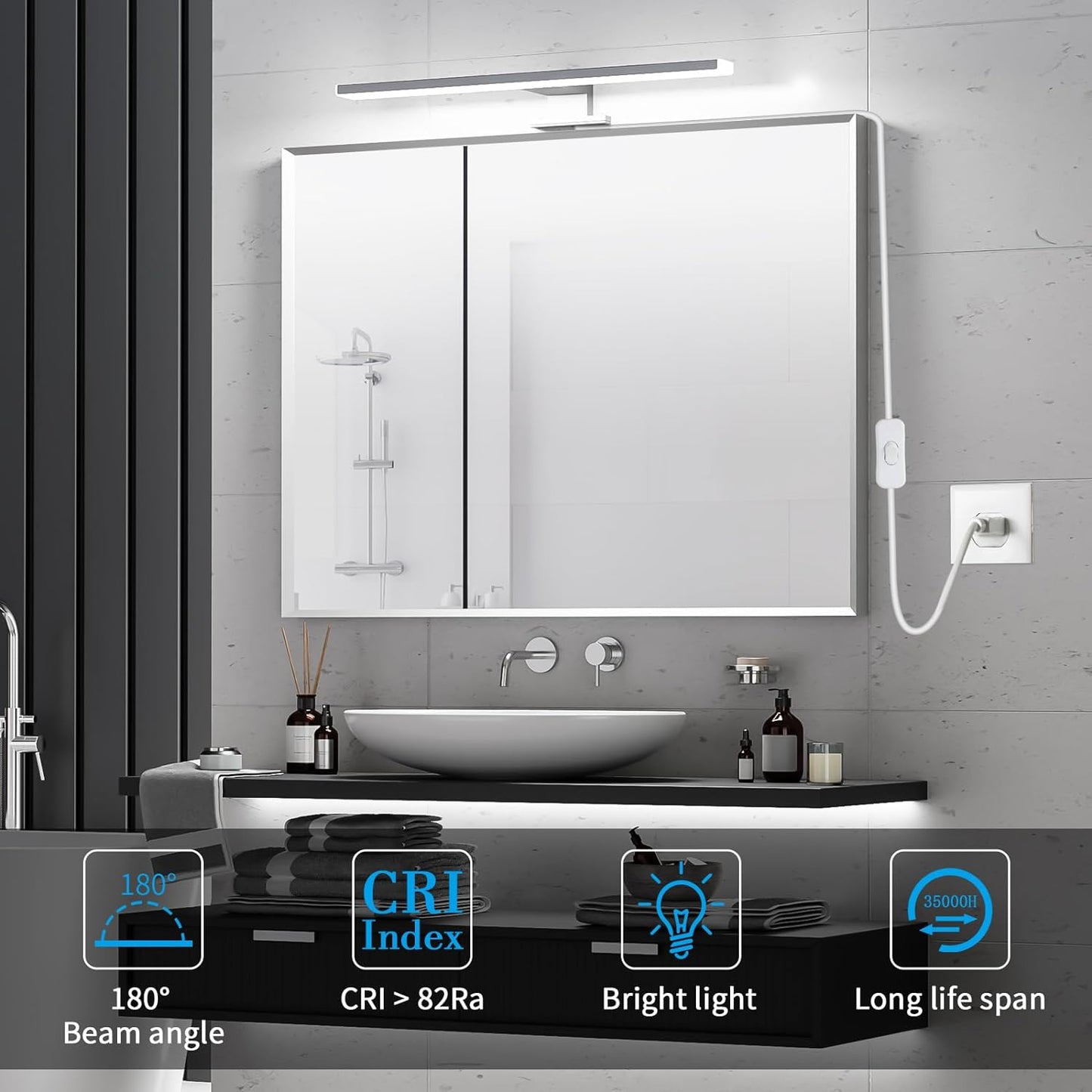 Lampada Specchio Bagno 5W,300Mm 500Lm Luce Specchio Bagno LED Con Interruttore a Filo,Bianco Neutro 4000K E Resistente All'Acqua IP44 Luci Specchio Bagno per Armadietto a Specchio