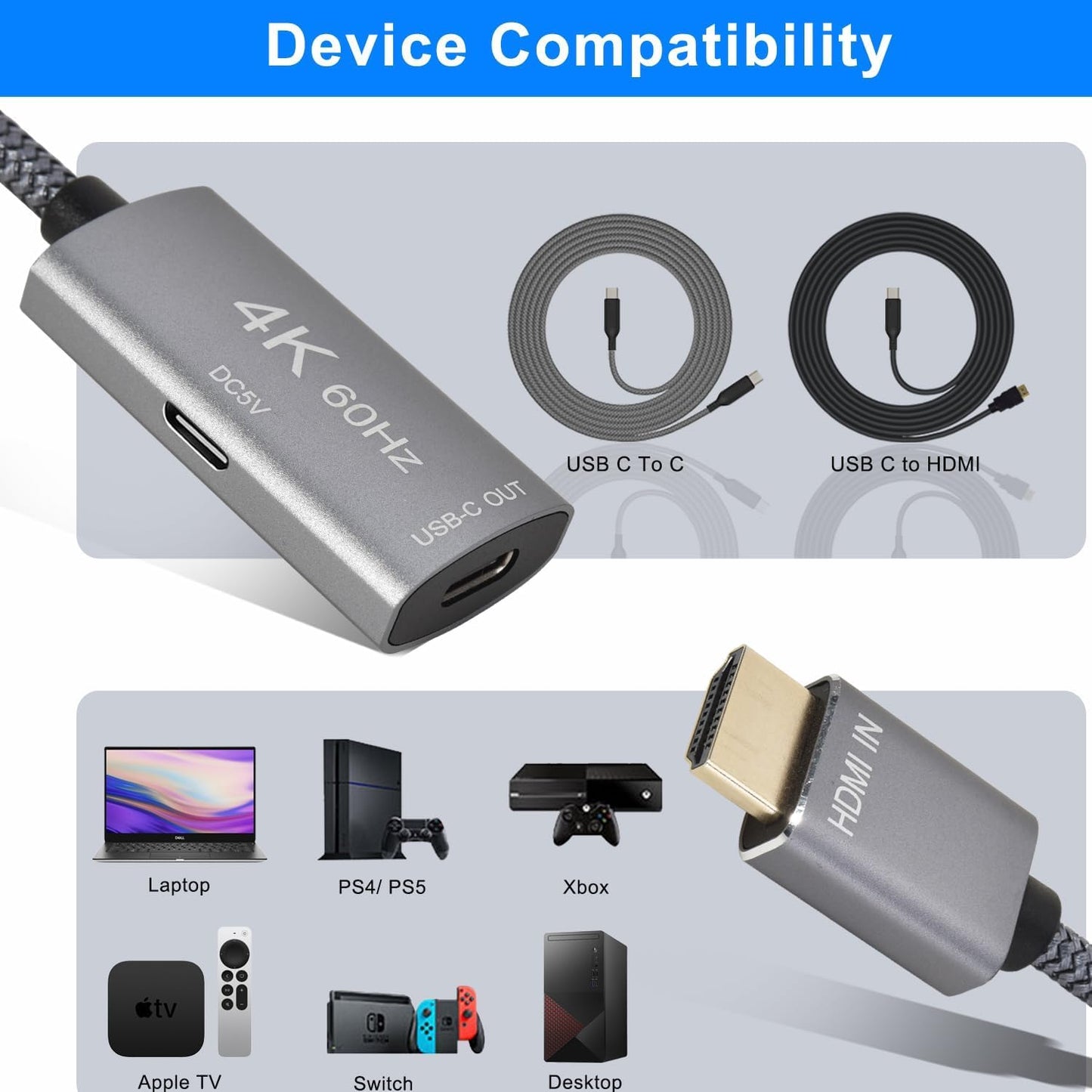 Adattatore Cavo USB-C Femmina a HDMI Maschio,Convertitore Ingresso USB Tipo C 3.1 a Uscita Hdmi,Adattatore 4K 60Hz USBC Thunderbolt 3 per Monitor,Macbook Pro,Mac Air,Chromebook Pixel