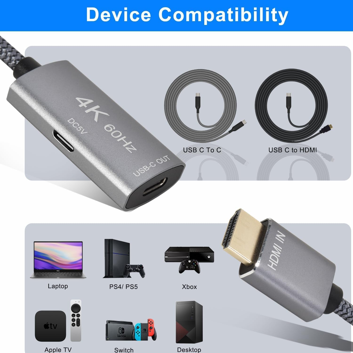 Adattatore Cavo USB-C Femmina a HDMI Maschio,Convertitore Ingresso USB Tipo C 3.1 a Uscita Hdmi,Adattatore 4K 60Hz USBC Thunderbolt 3 per Monitor,Macbook Pro,Mac Air,Chromebook Pixel