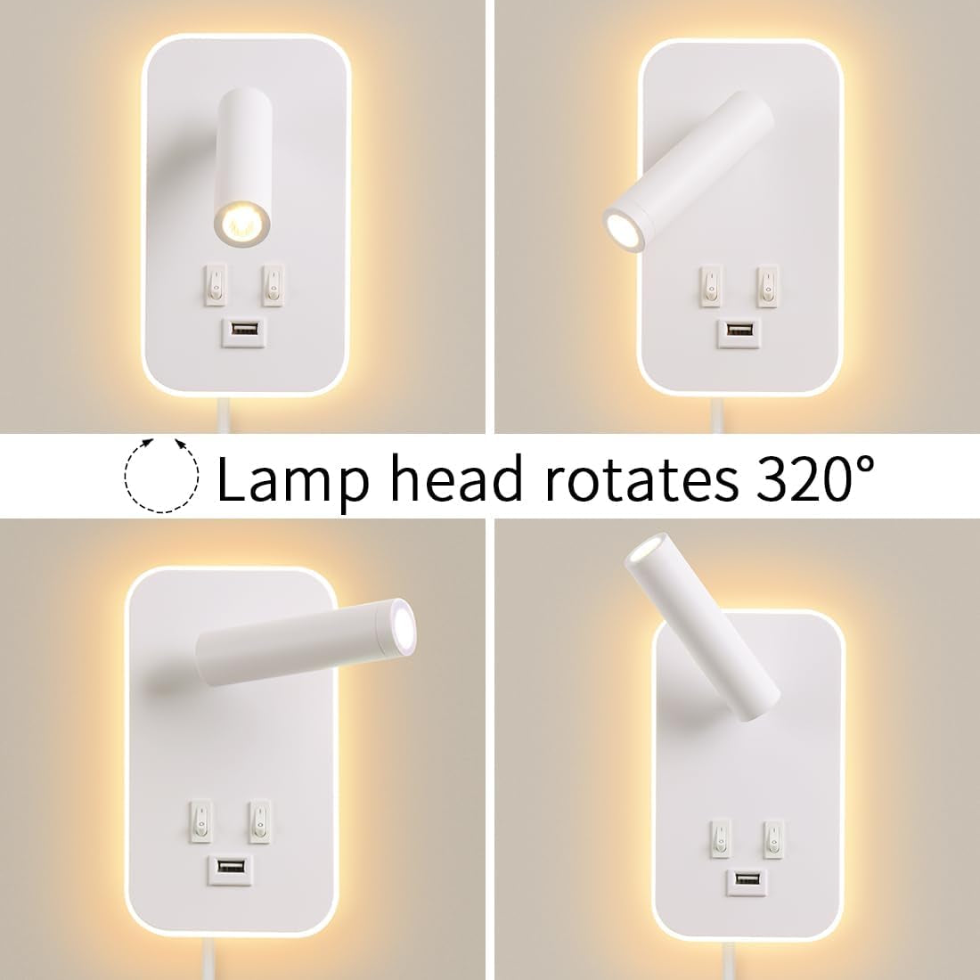 Lampada Da Parete a LED, Lampada Da Lettura Da Comodino, Con Porta Di Ricarica USB, Faretto Regolabile Con Luce Ambientale per Camera Da Letto (3W 3100K+9W 6000K) Con Cavo E Spina, Bianco