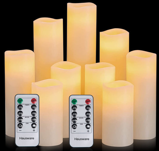 Set Di 9 Candele Senza Fiamma, 10,2 Cm 12,7 Cm 15,2 Cm 17,8 Cm 20,3 Cm 22,9 Cm Funzionamento a Batteria, per Esterni Luci LED Candele Con Telecomando E Timer (Avorio)
