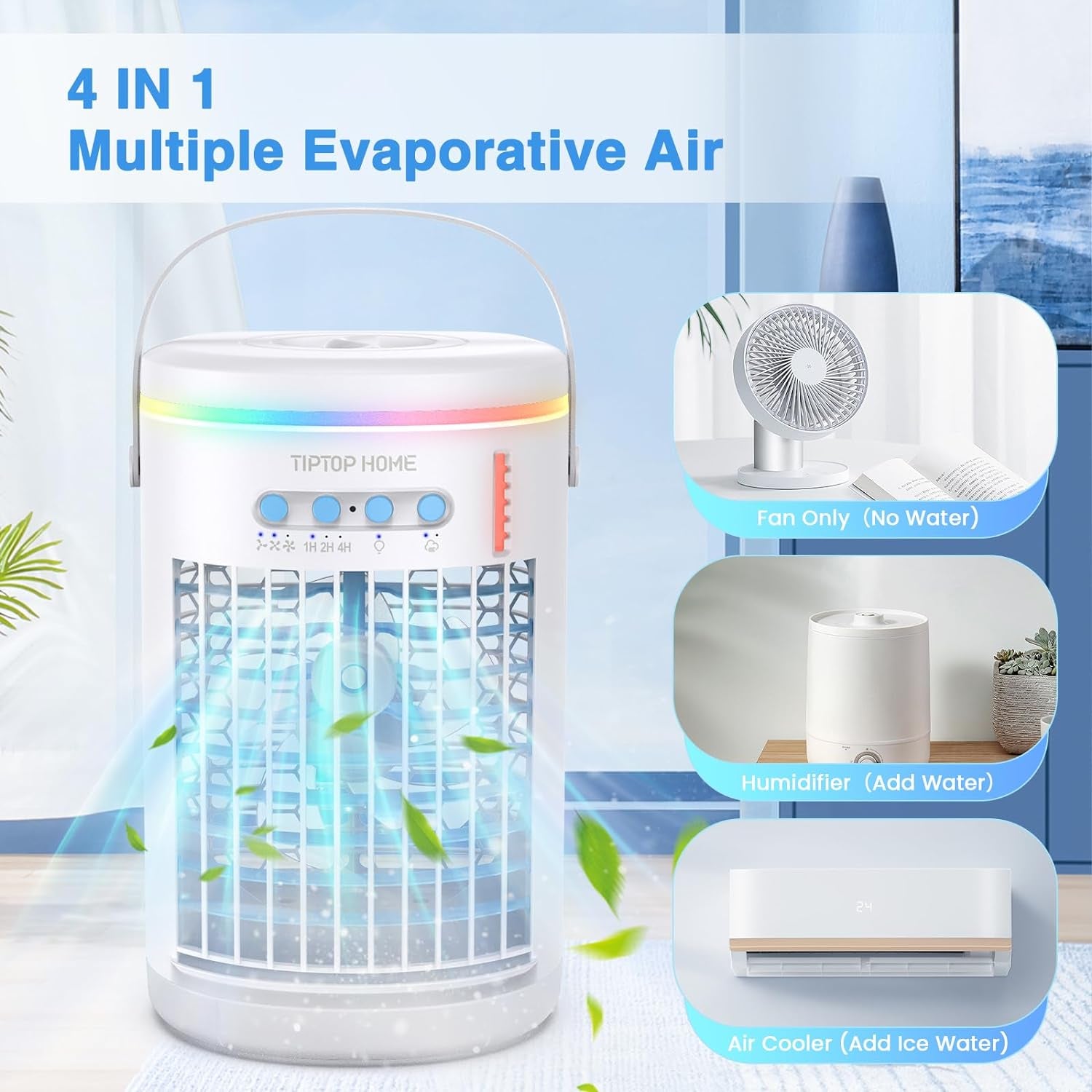 Condizionatore Portatile, Climatizzatore Portatile Silenzioso, 5 in 1 Aria Condizionata Portatile, Raffrescatore D'Aria, Condizionatore Portatile Senza Tubo, 3 Velocità, 2 Modalità Di Nebbia, 1400Ml