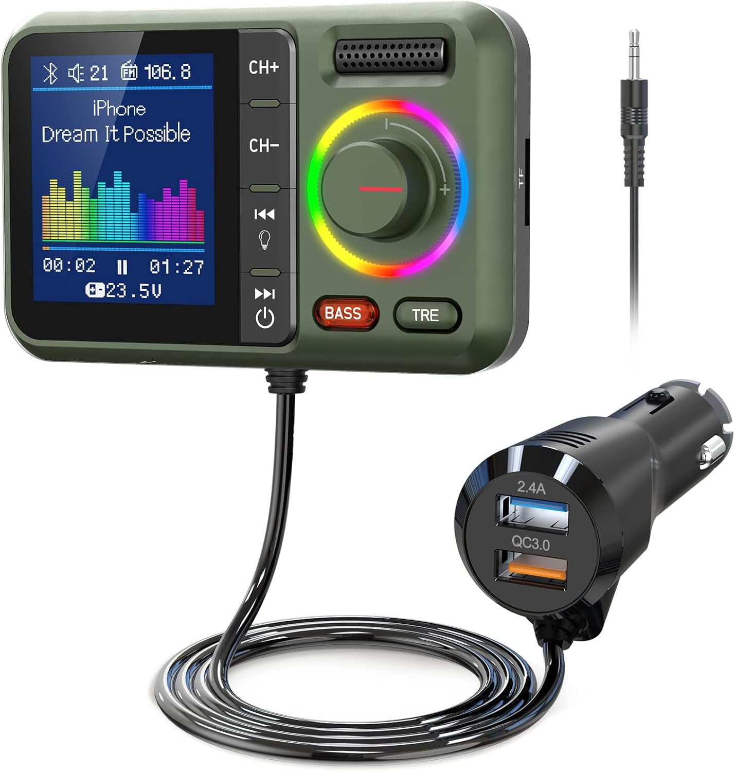 Trasmettitore FM Bluetooth per Auto, BT5.0 Con Grande Schermo a Colori, Supporto Chiamate in Vivavoce, Siri&Google, Lettore Musicale MP3 BASS&TRE Booster, Scheda TF/AUX-KM28 Verde