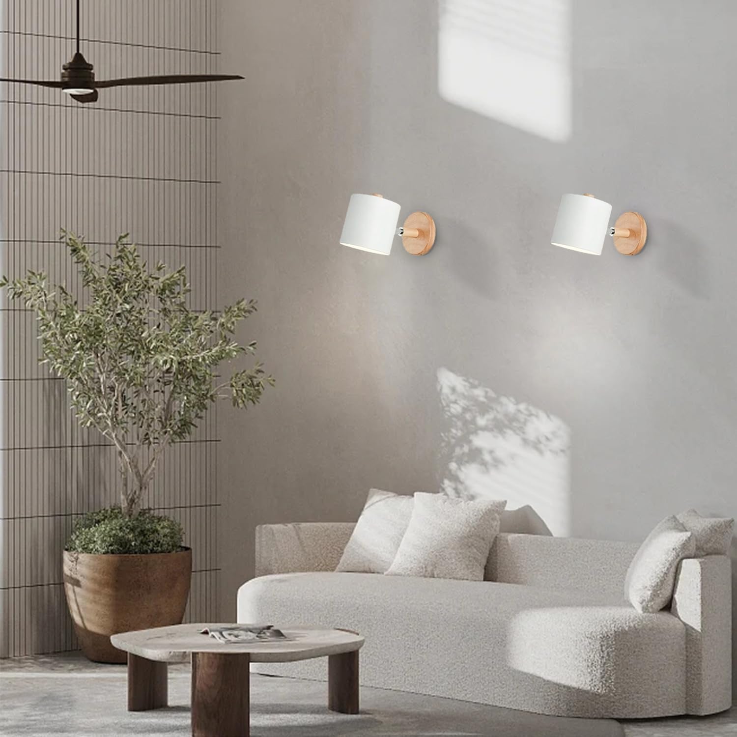 2 Pezzi Applique Da Parete Interni E27 Lampada Da Parete Legno Regolabile Lampada Da Parete Con Paralume in Metallo Faretto Luce per Comodino Ufficio Soggiorno Lettura, Bianco