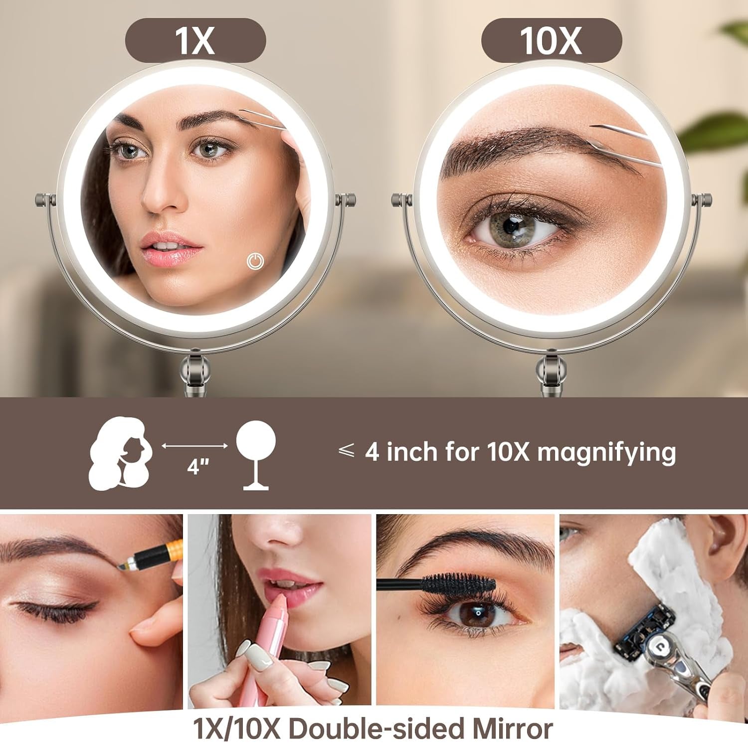 Specchio Trucco Con Luci Da 21 Cm Con Ingrandimento 10X/1X, Specchi Da Tavolo, Specchio Ingranditore Con Luce, Specchio a Doppia Faccia a 360° Con Luci a 3 Colori，Specchio Cosmetico Ingranditore