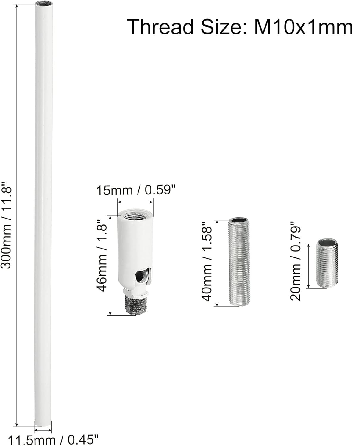 Set di aste di prolunga con dado di raccordo M10 11,8" con adattatore per soffitto bianco