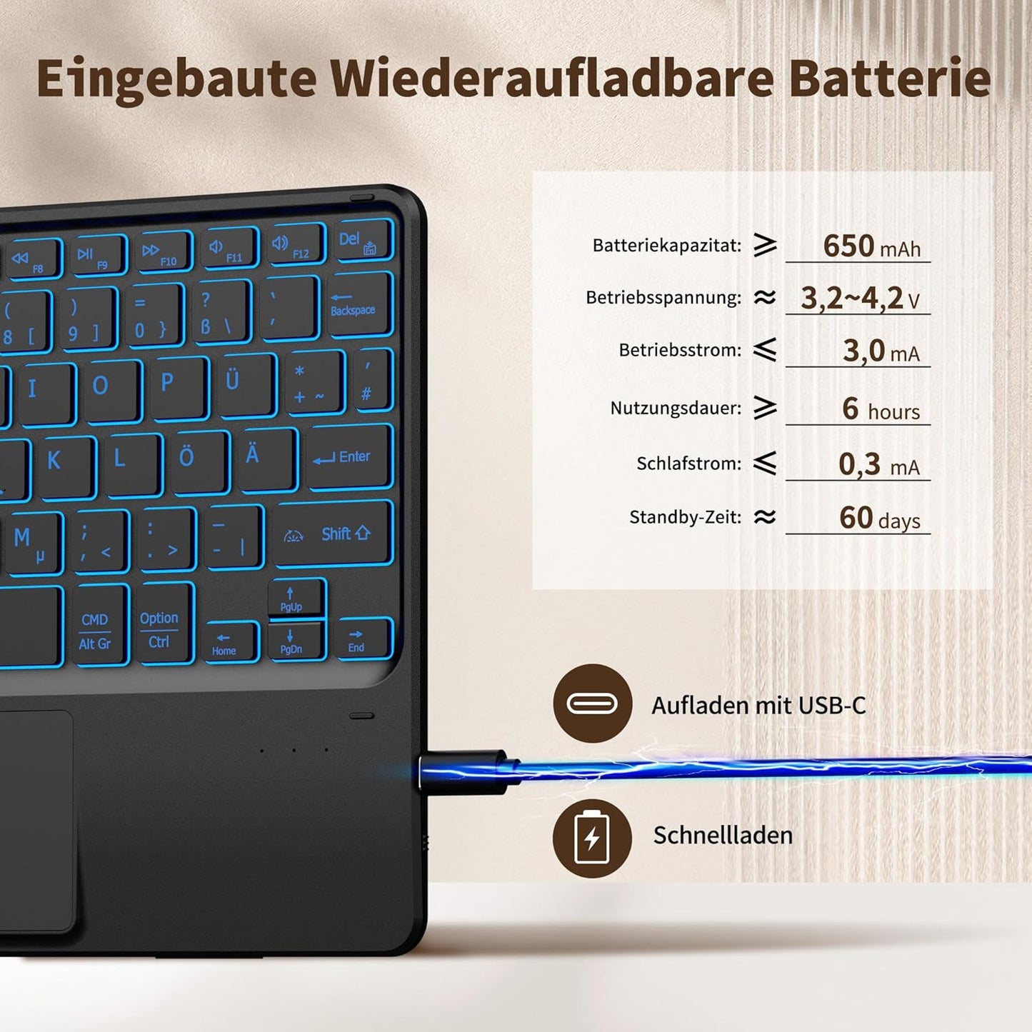 Tastiera Touchpad, Tastiera QWERTZ Senza Fili Con 7 Colori Illuminati Compatibile Con Ipad, Tablet Android, Windows, 10 Pollici, Nero
