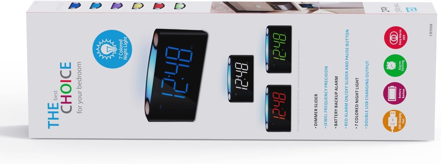 Sveglia Digitale Plug-In Da Comodino, Orologio Da Tavolo Con 7Colori Di Luce Notturna,Grande LED Display&Dimmer, USB Ricaricare,Batteria Di Ricambio (Non Inclusa), per Bambini/Anziani,12/24 Ore