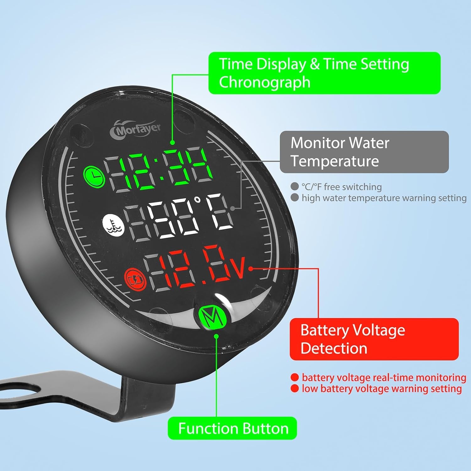 Contatore Moto LED 5 in 1, Termometro Digitale per Moto + Voltmetro ATV + Orologio Elettronico + Cronografo + Caricatore USB, Termometro Acqua Multifunzione Con Sensore per Moto