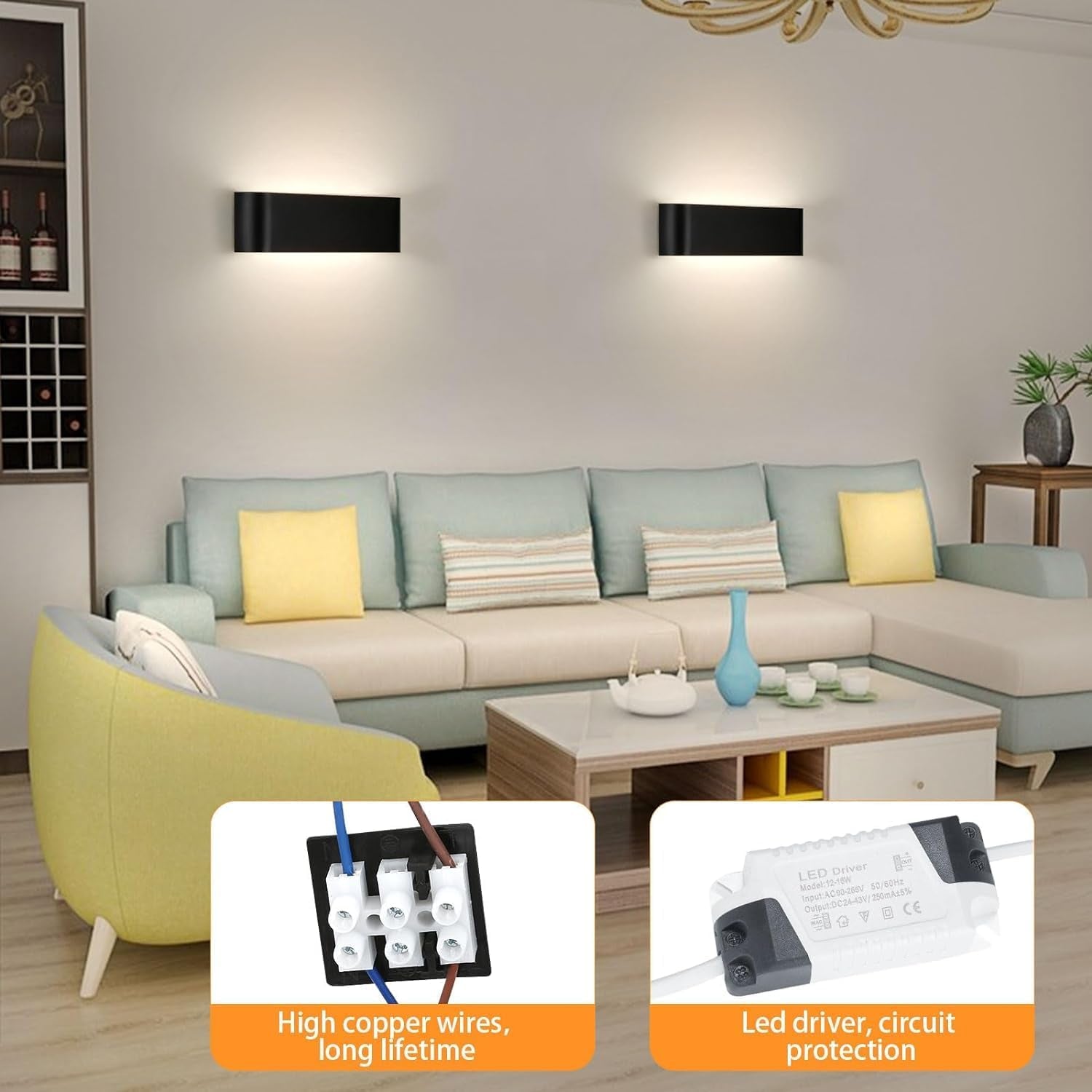 2Pezzi Applique Da Parete Interno Nero, 16W Lampada Da Parete Intern, 4500K Illuminazione Moderna per Camera Soggiorno, IP44 Luci Da Parete Interno, Bianco Neutro Applique Camera Da Letto