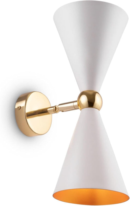 Moderna Applique Lampada Da Parete Bidirezionale a 2 Luci, Bianco E Oro, Paralumi Orientabili, per 2 Lampadine E14 40W Non Incl. per Sala, Camera Da Letto, Soggiorno, Cucina