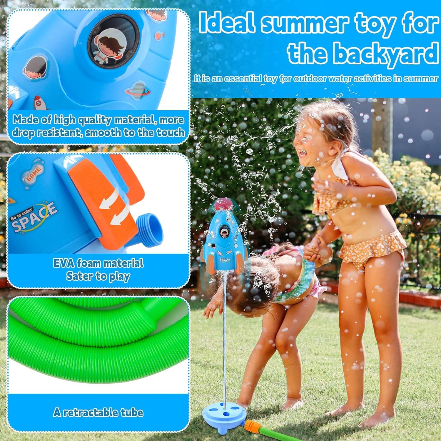 Razzo D'Acqua Sprinkler, Spruzzatore Giocattolo, Giochi D'Acqua Giardino, Giocattolo Rocket Sprinkler Giochi Da Giardino per Bambini, Giocattolo Estivo for Irrigatore a Razzo (Blu)