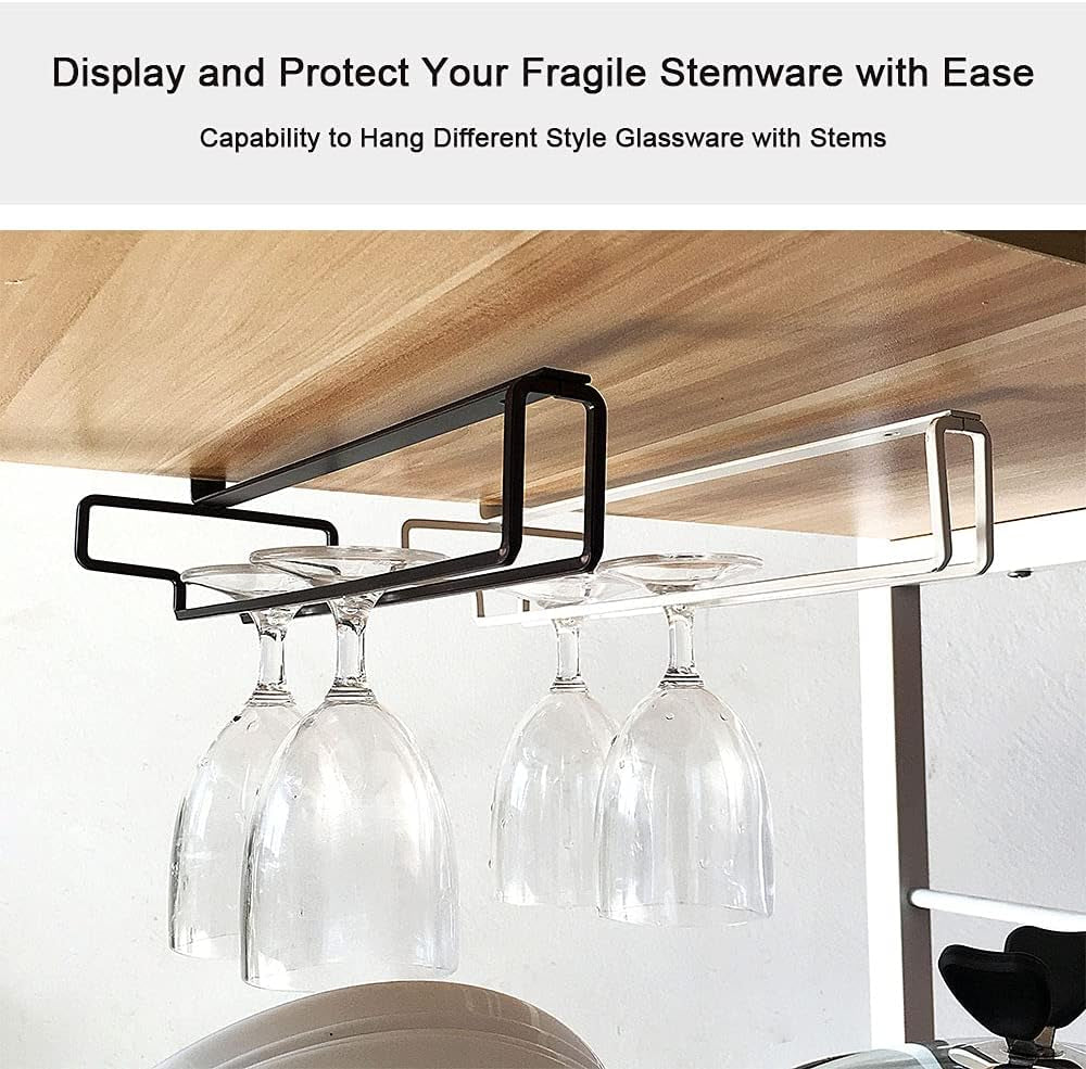 2 Pezzi Supporto per Bicchieri Da Vino Sotto L'Armadio Porta Bicchieri Da Vino Stemware Rack Sospeso Senza Fori per Bar Di Casa Cucina Bar Ristorante Nero