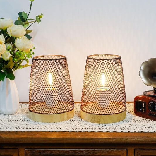 - Set Di 2 Lampade Da Tavolo in Stile Retrò, Con Base in Legno, 18 Cm Di Altezza, Senza Fili, Con Illuminazione Geometrica a Batteria, per Casa, Bar, Bar, Interni Ed Esterni (Bronzo)