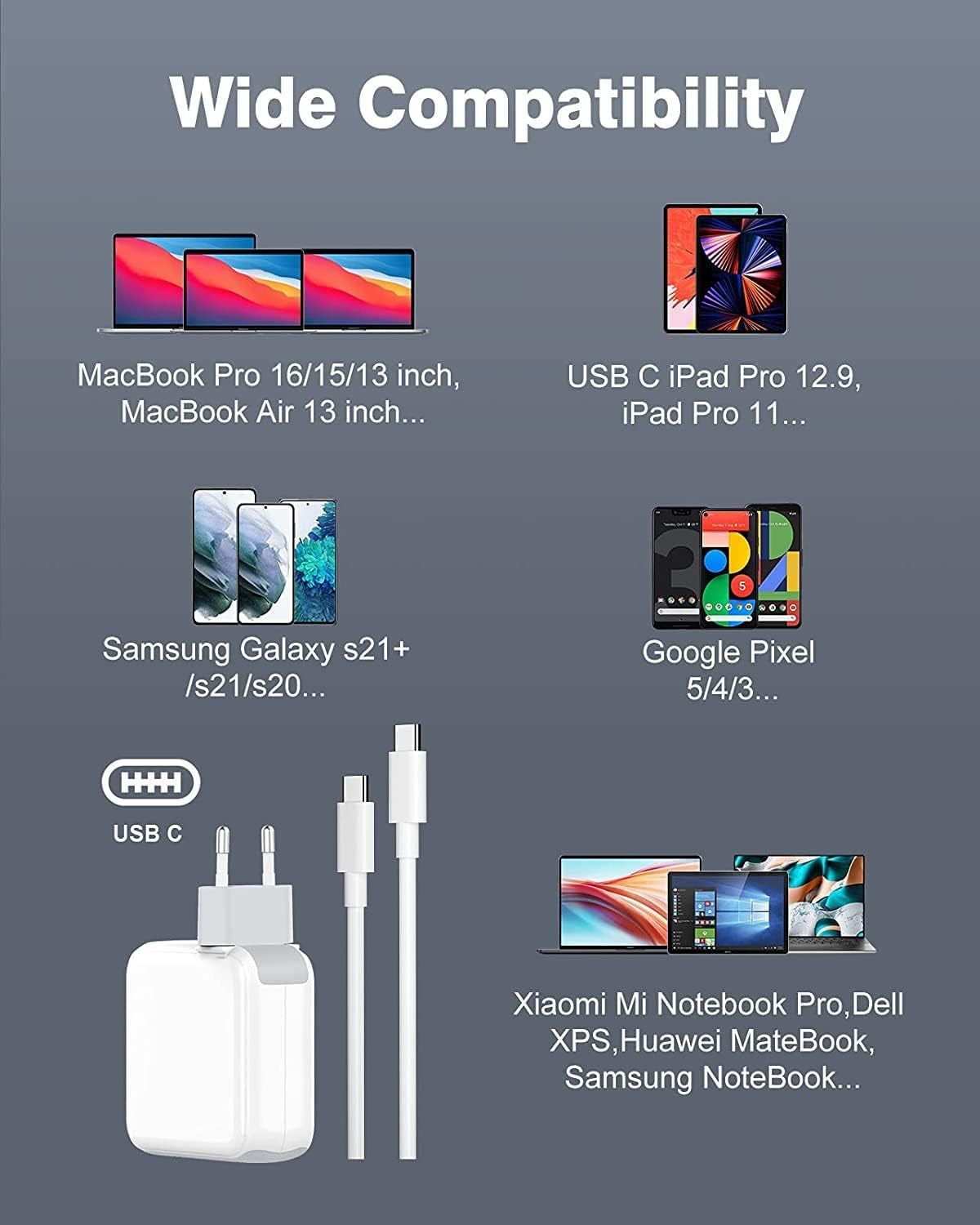 67W Caricatore per Macbook Pro 13/14/ 15/16 Pollici, Macbook Air 2020/2019/ 2018, Ipad Pro 12.9/11", HP, Lenovo, Caricabatterie Rapido, Cavo USB C a C 2M, LED
