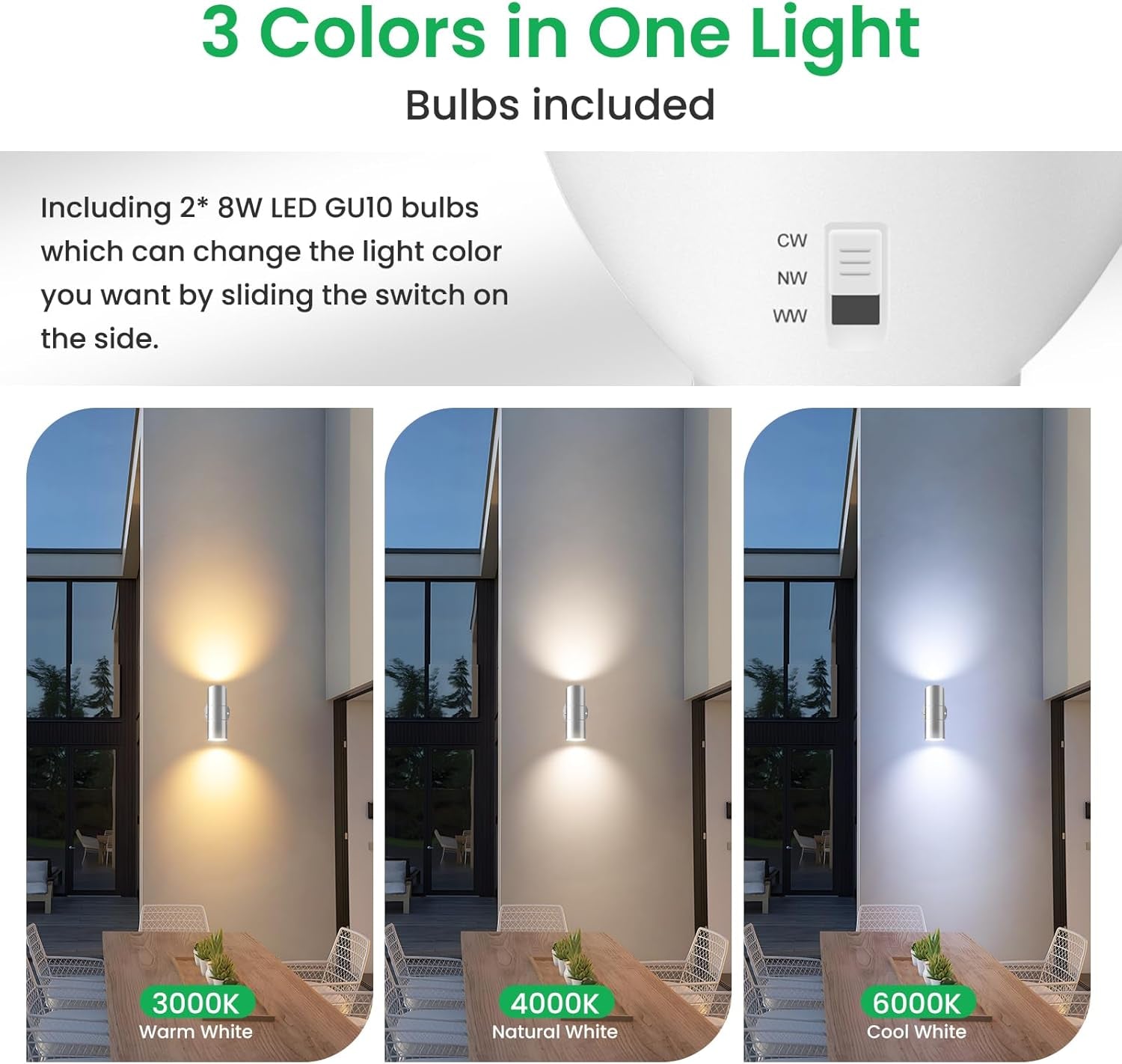 Acciaio Inox LED Lampade Da Parete Applique Da Esterno 8W 750LM up down Applique Da Parete Esterni, Con 2X Lampadine GU10 Variabile 3000K 4000K 6000K, IP65 Impermeabile per Portico Giardino, Argento