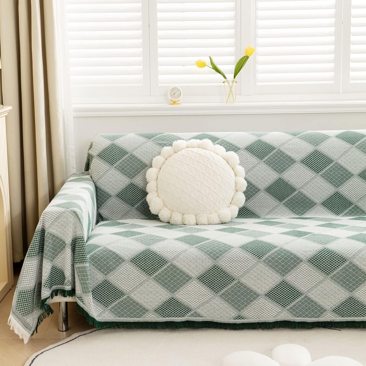 Coperta in Tessuto per Divani Grande a 3 Posti per Divani E Letto, Reversibile, Versatile, Elegante, Con Motivo a Rombi E Nappe, Verde, 180 X 300 Cm