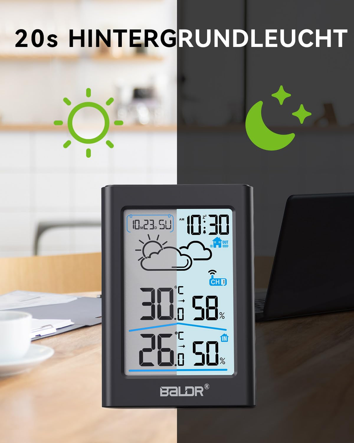 - Stazione Meteo Radio Con Sensore Esterno, Orologio Radiocontrollato Digitale DCF, Termometro Interni/Esterni, Igrometro, Previsioni Meteo, Visualizzazione Ora, Sveglia, Display Da 3,7”