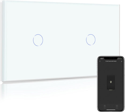 Interruttore Della Luce Smart Alexa, 1 Scomparto a 2 Vie, + 1 Scomparto a 2 Vie, Wifi, Funziona Con Tuya E Google Home, Interruttore Touch Screen in Vetro Bianco (Necessario Filo Neutro) 157 Mm