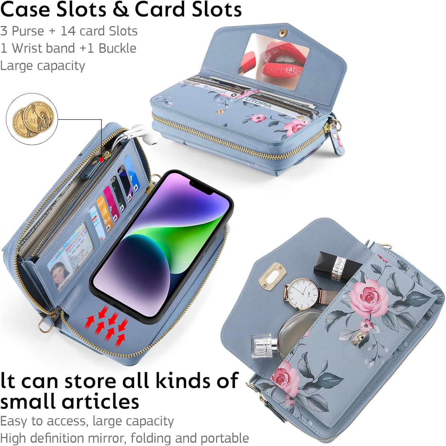 Custodia a Portafoglio per Iphone 14 [Pelle PU Di Alta Qualità] [Slot per Schede] [Chiusura Magnetica] Custodia Protettiva RFID Borsa a Tracolla Custodia Mobile Compatibile per Iphone 14 Da 6,1