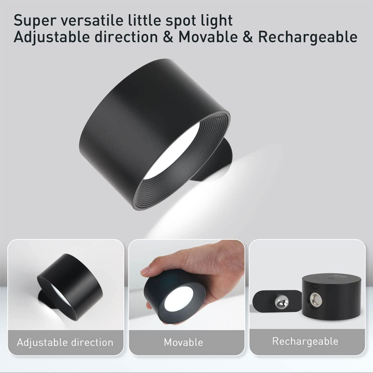 Lampada a LED Senza Fili Da Parete Con Ricarica USB-C E Supporto Magnetico Girevole a 360°, 3 Modalità Di Colore, Dimming a 3 Livelli (Colore Nero, Confezione Da 2)