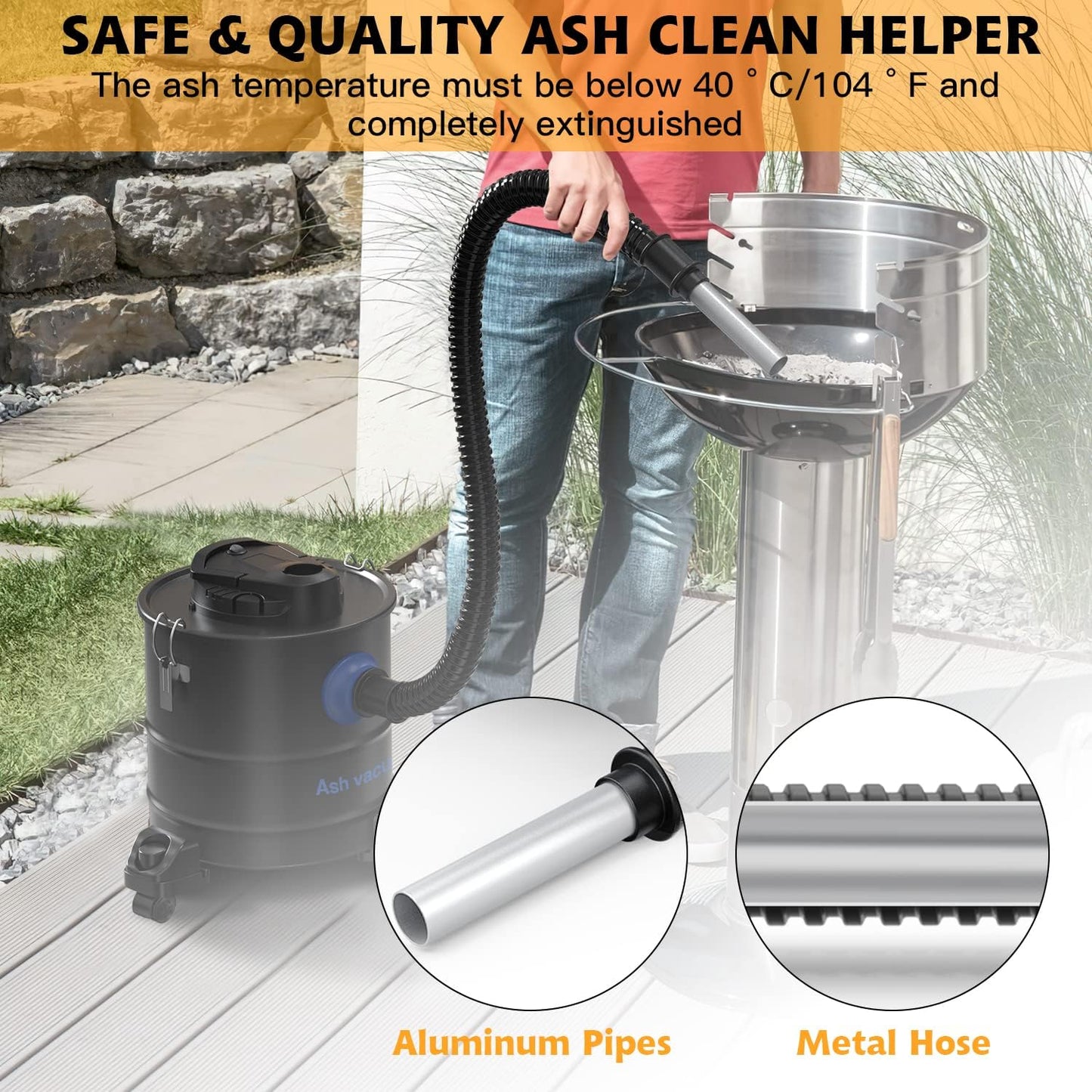 Aspiracenere, Aspiracenere Multifunzione 20Kpa 20L, Doppio Sistema Di Filtrazione Con Filtro Hepa E Prefiltro per Camino, Barbecue, Stufe, Griglie, Bracieri, Bruciatori Di Legna, Caminetti - 1200W