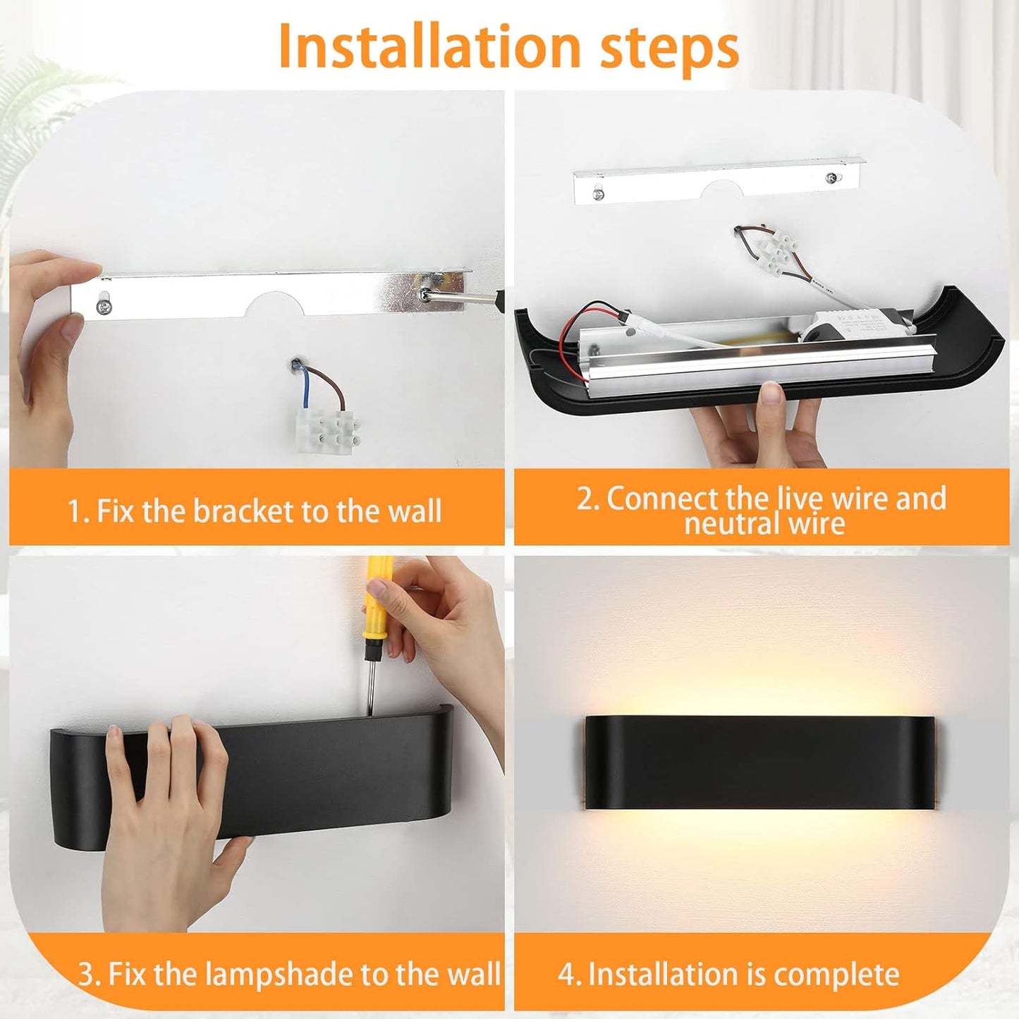 16W Lampada Da Parete Interno LED, Applique Da Parete Nero, Illuminazione Moderna per Camera Soggiorno, Allumialdonio Puro Con Luce IP44, Bianco Caldo, 30Cm