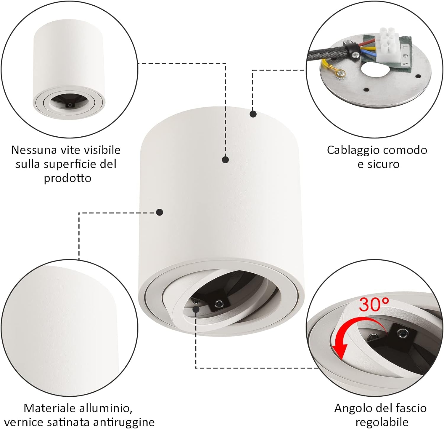 Faretto Da Soffitto Orientabile 4 Pcs,Led Faretti Da Soffitto 230V, Alluminio Lampada Da Soffitto Downlight,Rotondo Faretto Interni,Bianco Plafoniera Led Soffitto Moderna,Con Attacco GU10