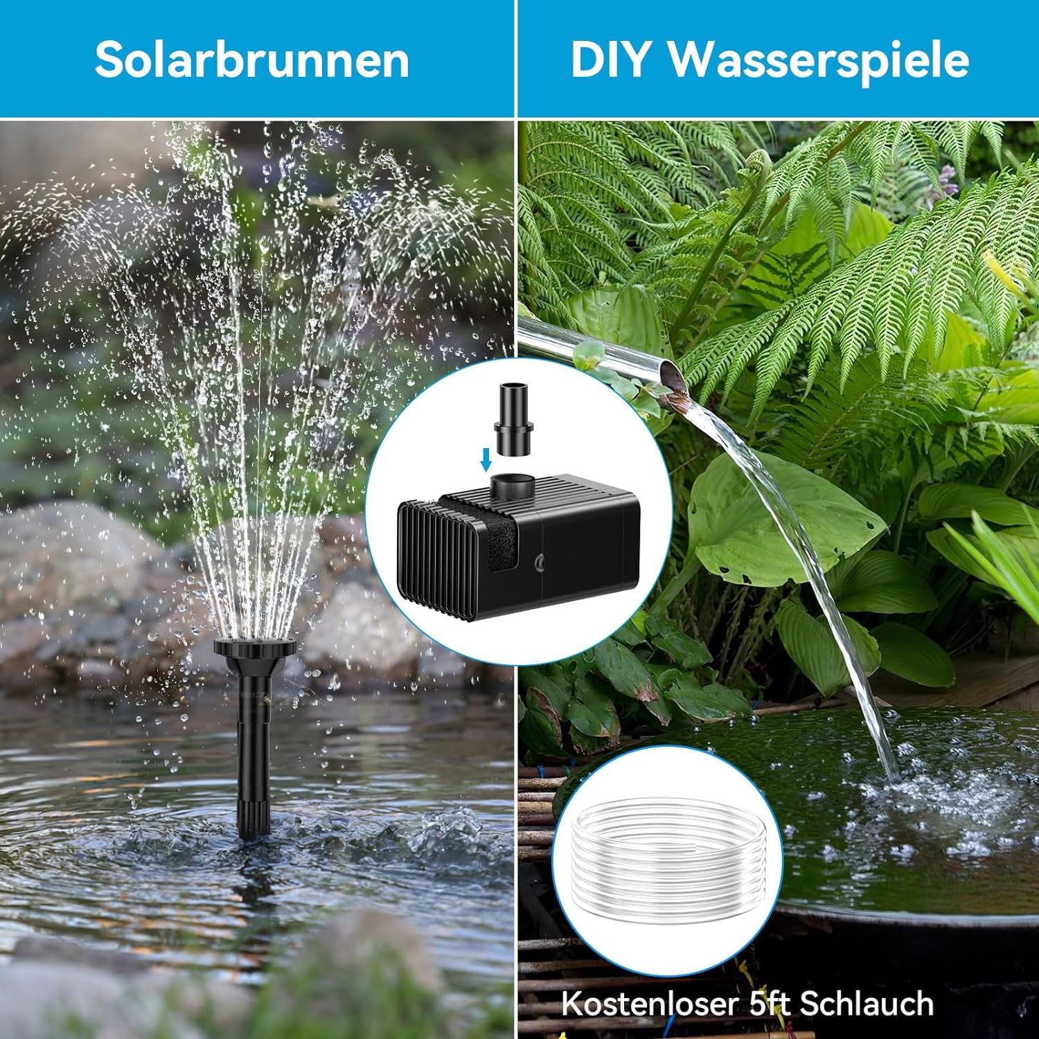 Pompa Solare per Laghetto Da 8 W, Con Batteria, Fontana Solare per Esterni, 3600 Mah, 96GPH, Pompa Solare per Fontane Con Filtro E Tubo Da 1,5 M, 10 Ugelli, Fontana Solare per Giardino, Stagno
