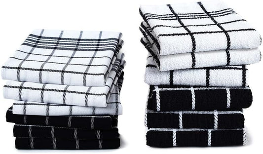 Set Di Asciugamani Da Cucina in Spugna - 70X45 Cm - Panno Assorbente Multiuso, Asciugamano Riutilizzabile E Strofinaccio (Confezione Da 12 - Combinazione Nera)
