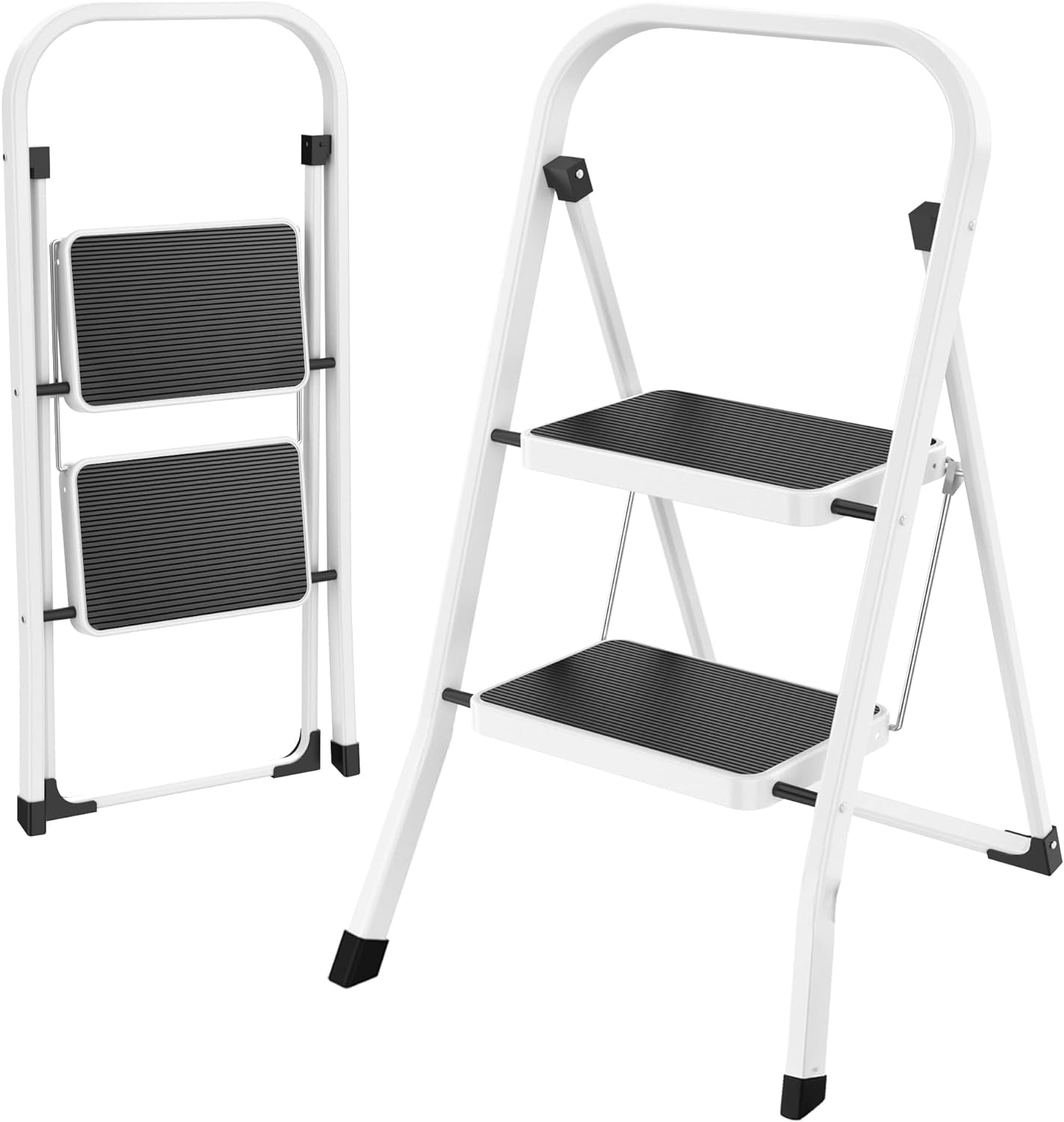 Scala a 2 Gradini Sgabello Pieghevole Leggero per Adulti Con Pedale Antiscivolo, Stabile Scala Portatile in Acciaio Con Corrimano, per La Cucina Di Casa, Portata 150 Kg, Bianco